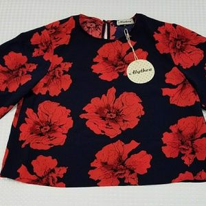 Gorgeous Floral Print Navy Blue & Red Blouse Sz M